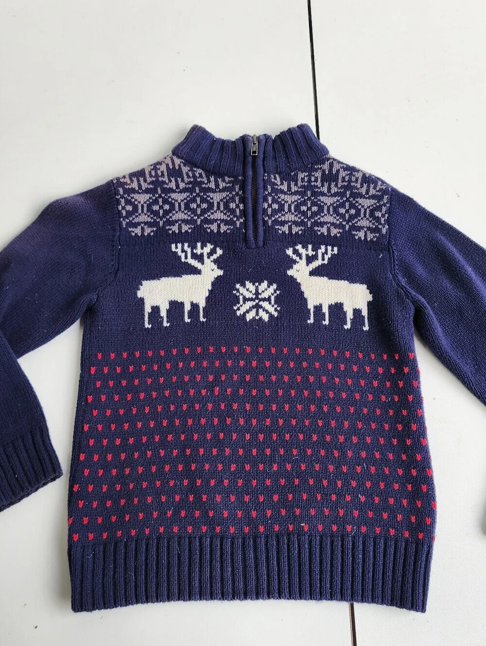 Gymboree Navy Zip-Up Sweater with White Reindeer Kids Blue Red S (5-6)